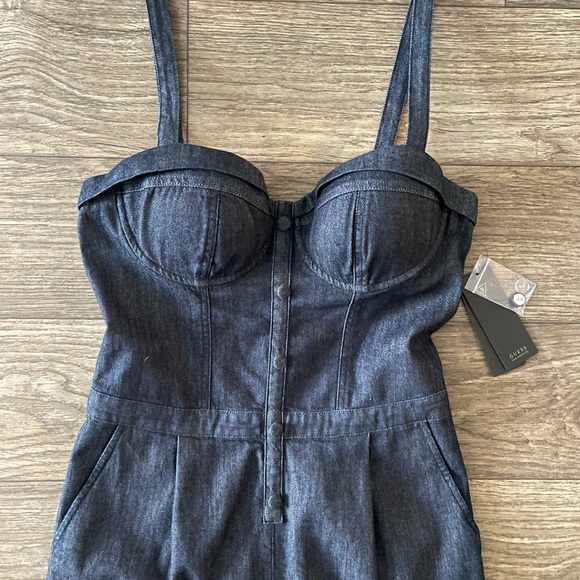 GUESS Dark Denim Corset Jumpsuit Romper Pinup Barbie size 29 Medium - Picture 3 of 12